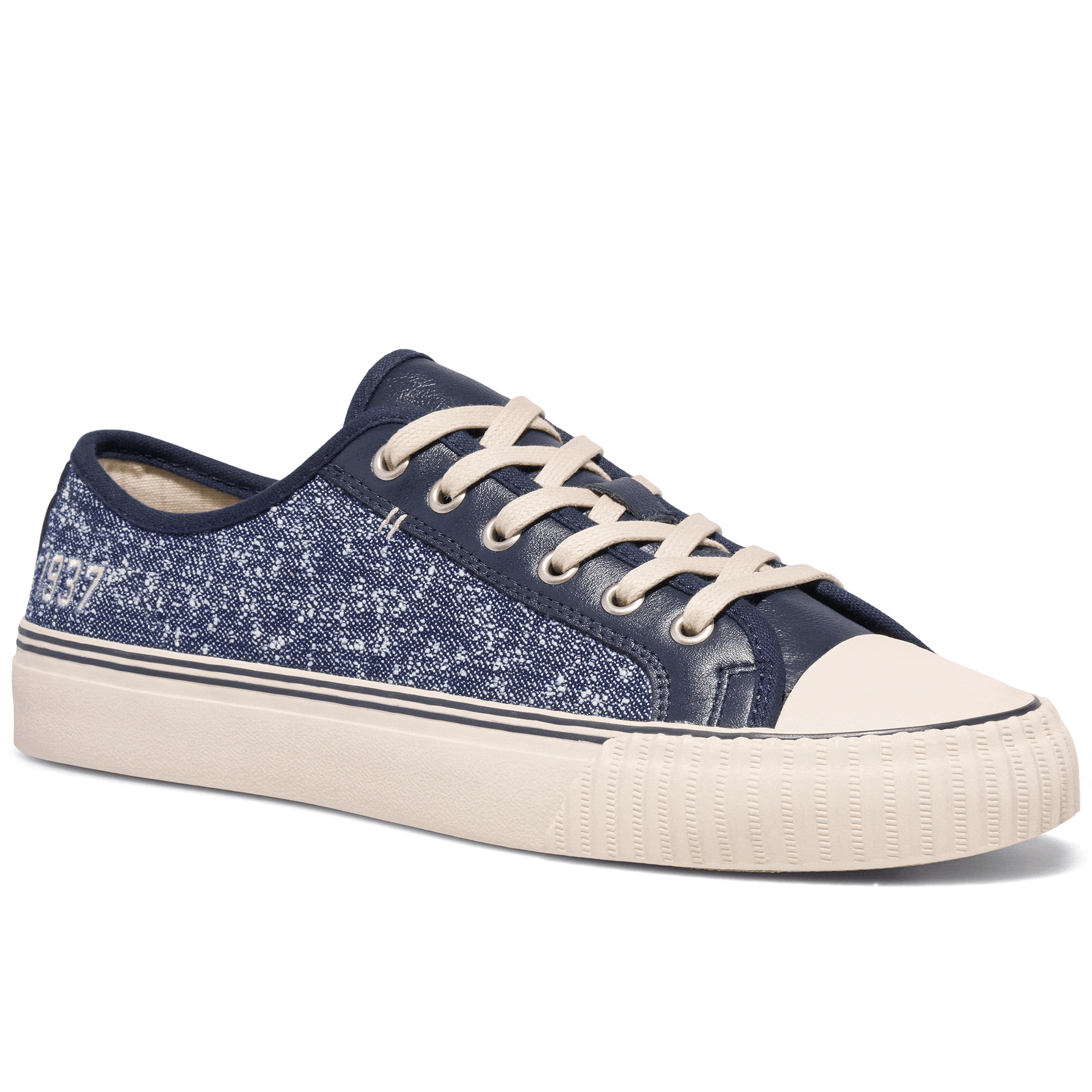 Navy low-top sneaker rotating gif showing different angles of the sneaker.
