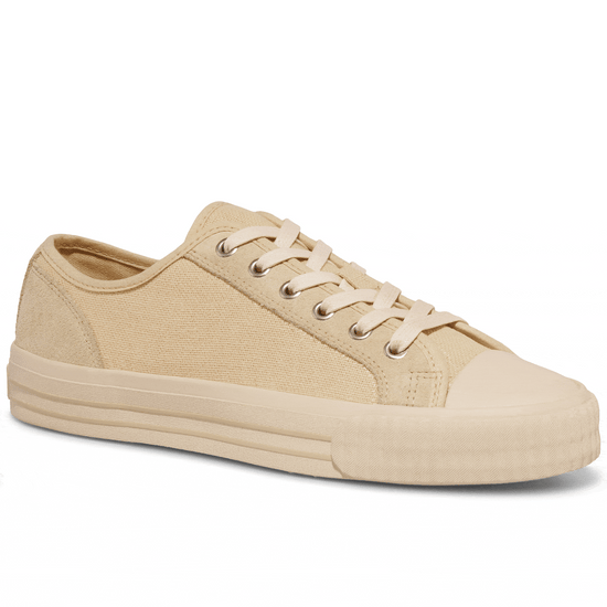 Beige low-top sneaker rotating gif showing different angles of the sneaker. alternate view
