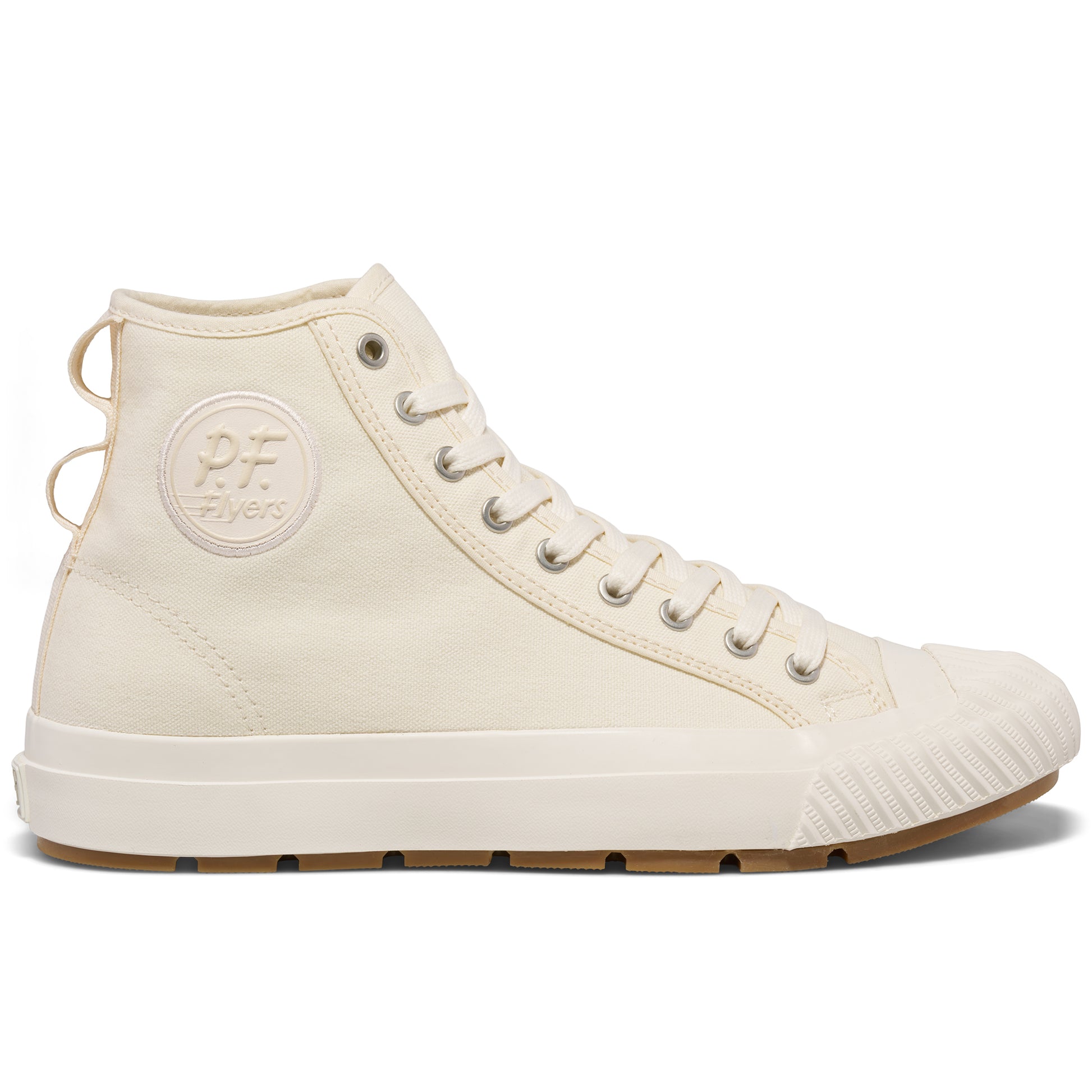 An off-white high-top sneaker on a white background.