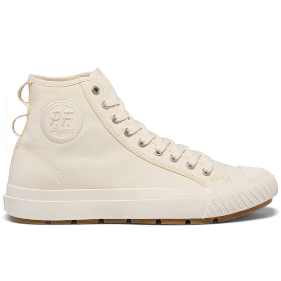 An off-white high-top sneaker on a white background.