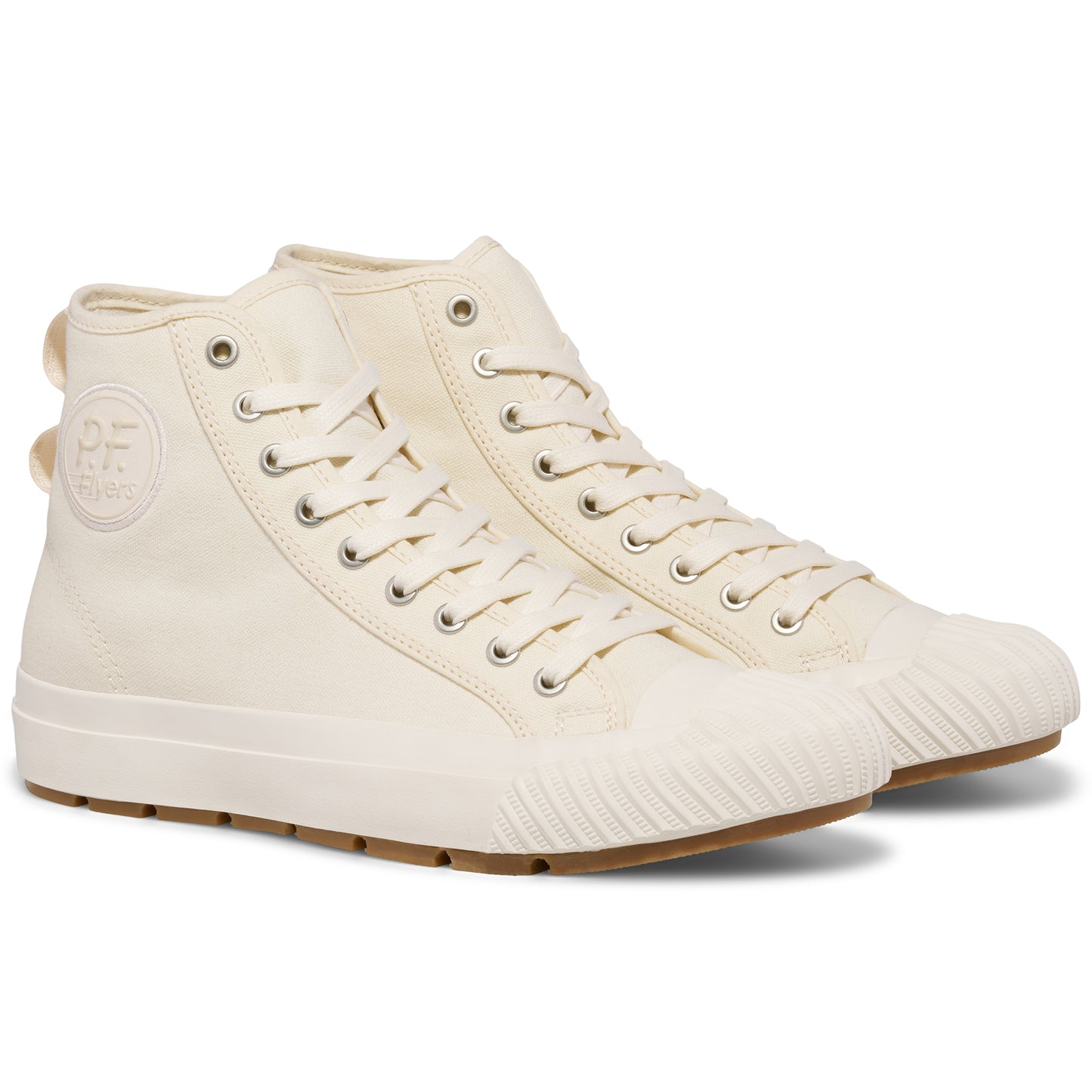 A pair of off-white high-top sneakers on a white background.