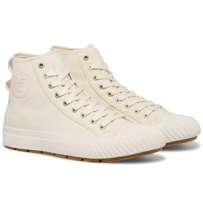A pair of off-white high-top sneakers on a white background.