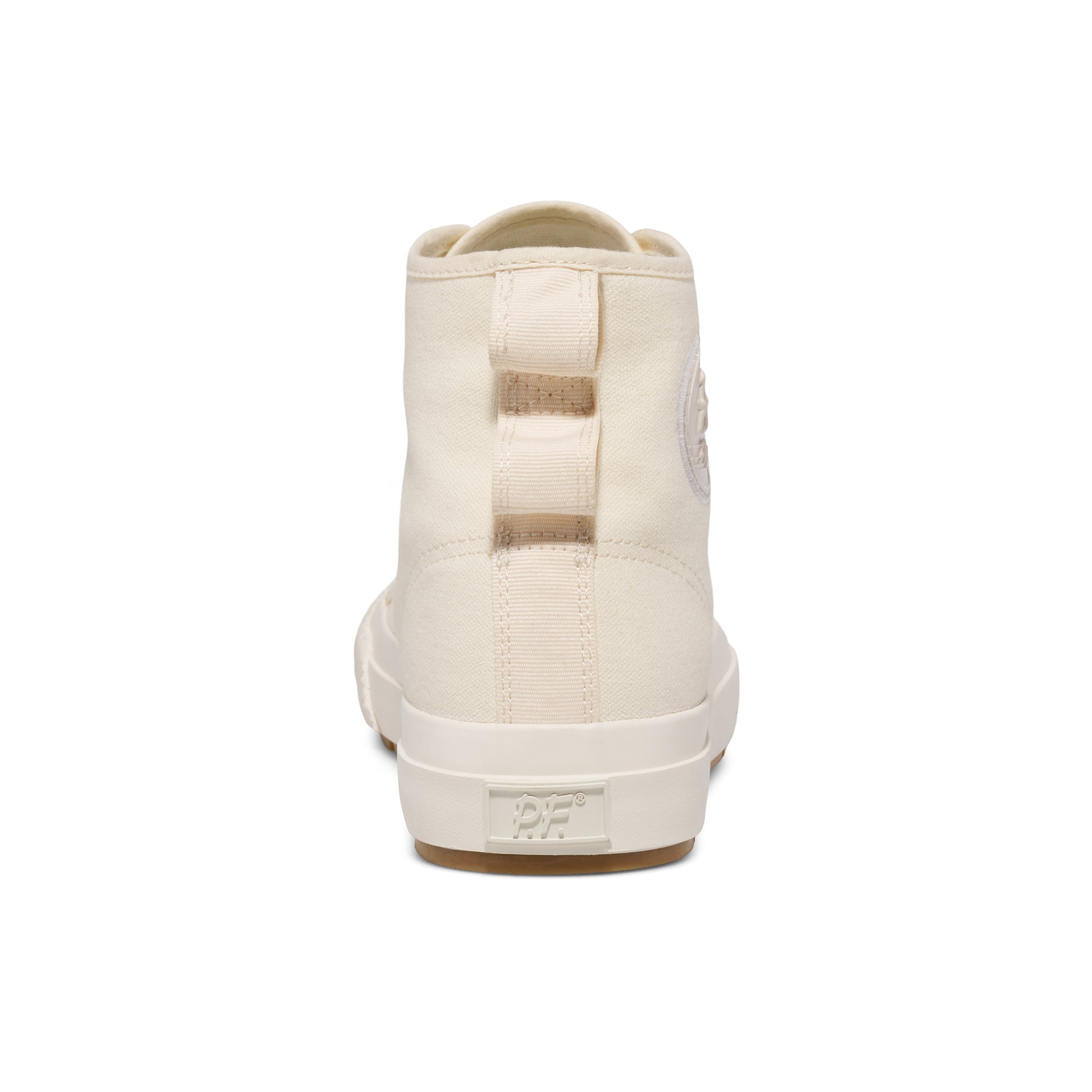 An off-white high-top sneaker on a white background.
