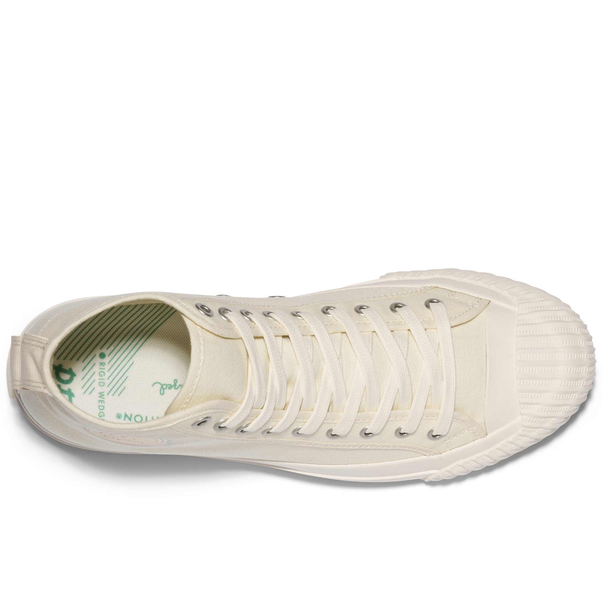Top-down view of an off-white high-top sneaker on a white background.