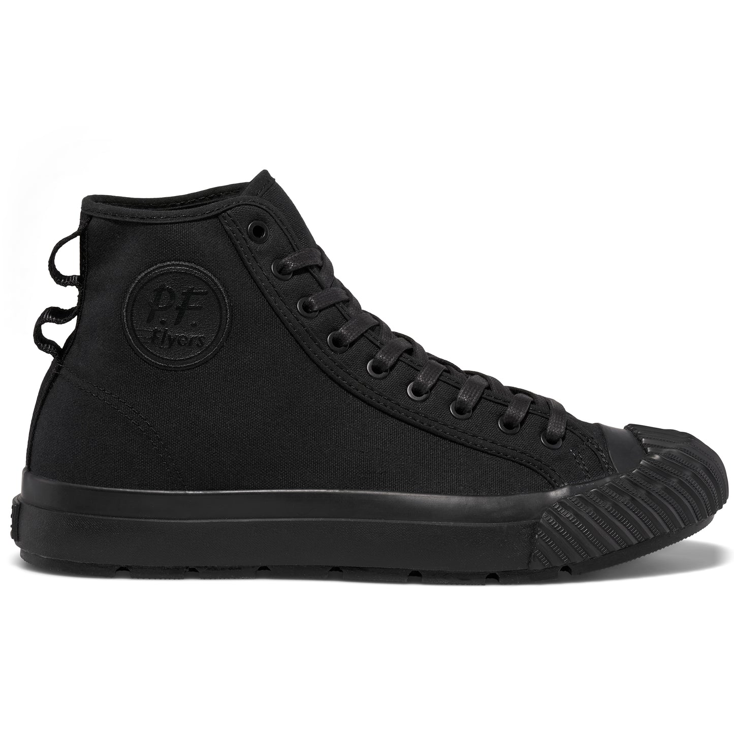 Black high-top sneaker on a white background.