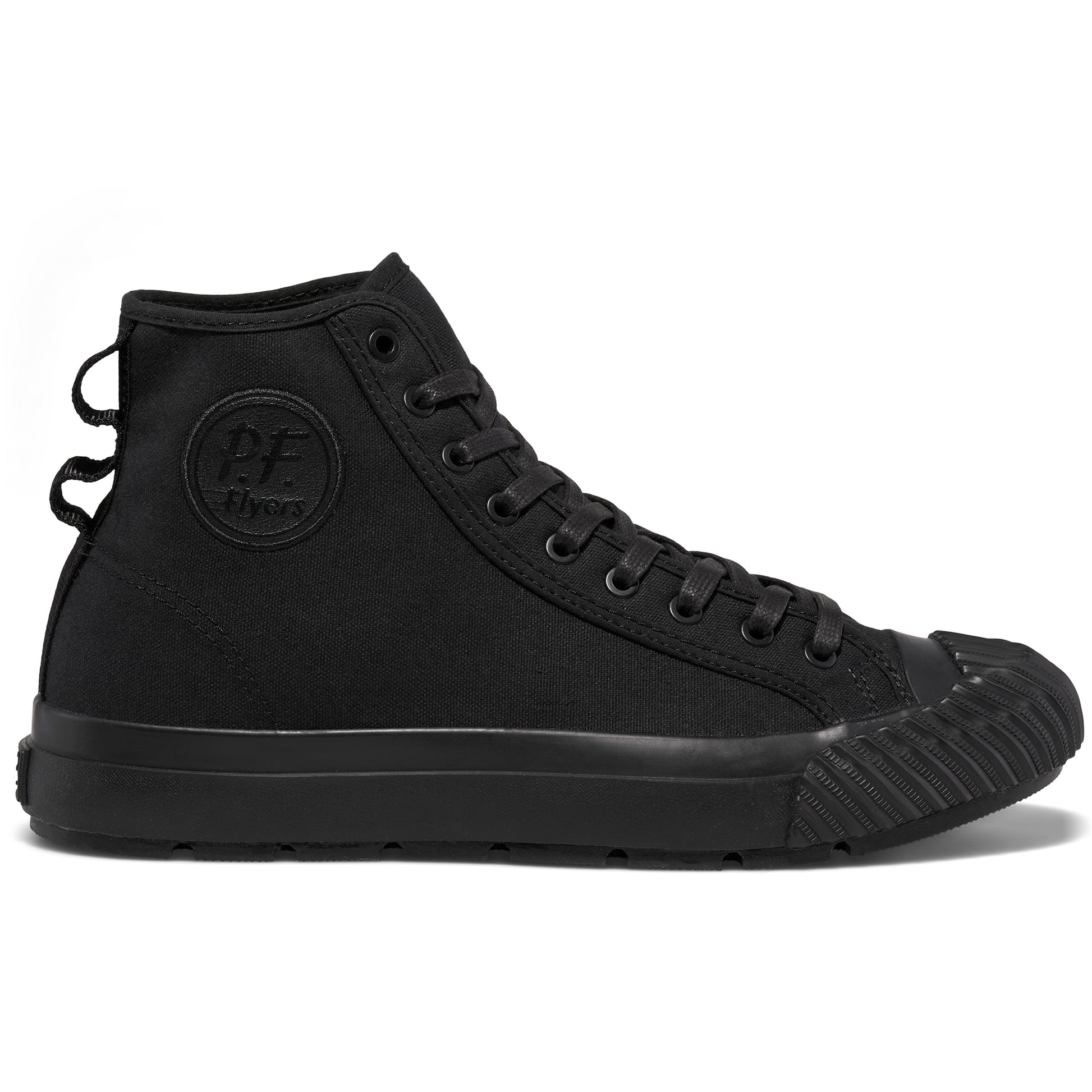 Black high-top sneaker on a white background.