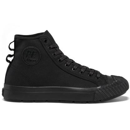 Black high-top sneaker on a white background.