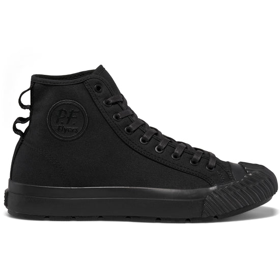 Black high-top sneaker on a white background.