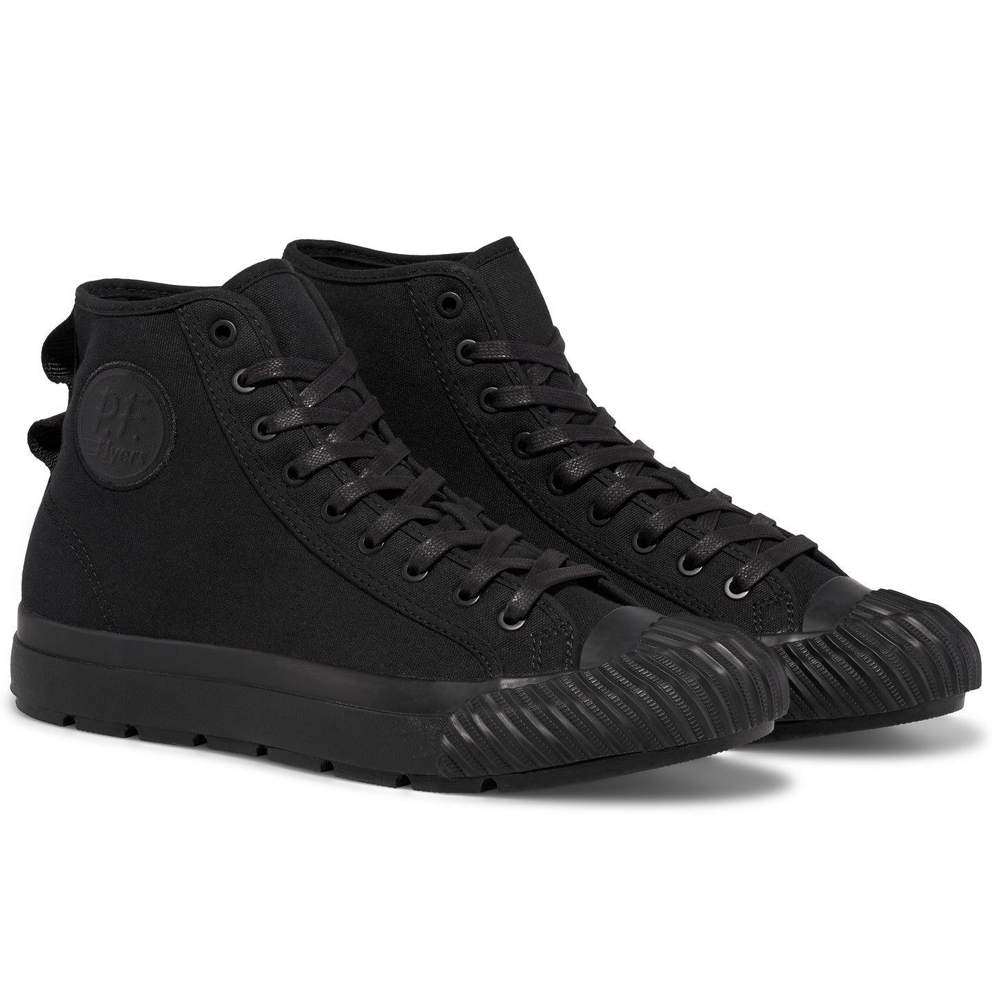 Pair of black high-top sneakers on a white background.