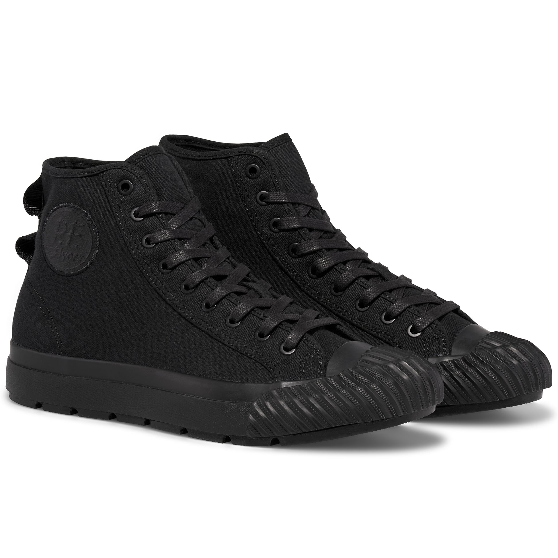 Pair of black high-top sneakers on a white background.