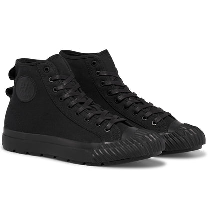 Pair of black high-top sneakers on a white background.