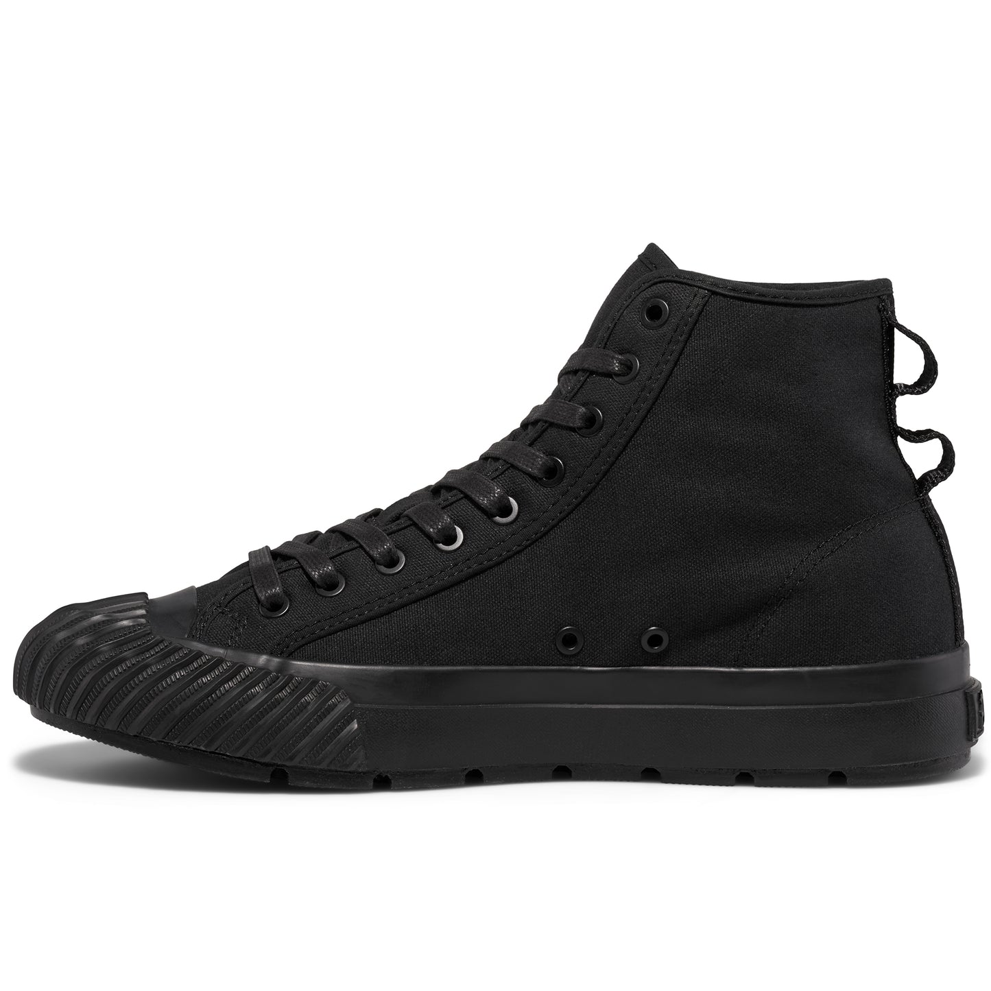 Black high-top sneaker on a white background.