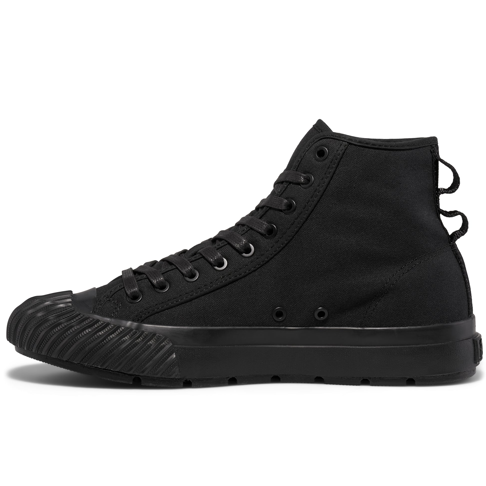 Black high-top sneaker on a white background.