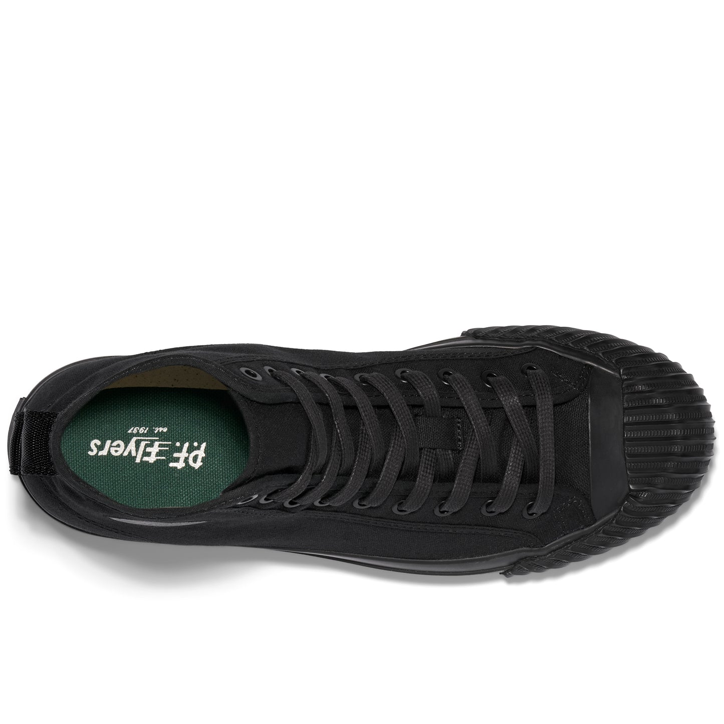 Overhead view of a black high-top sneaker on a white background.