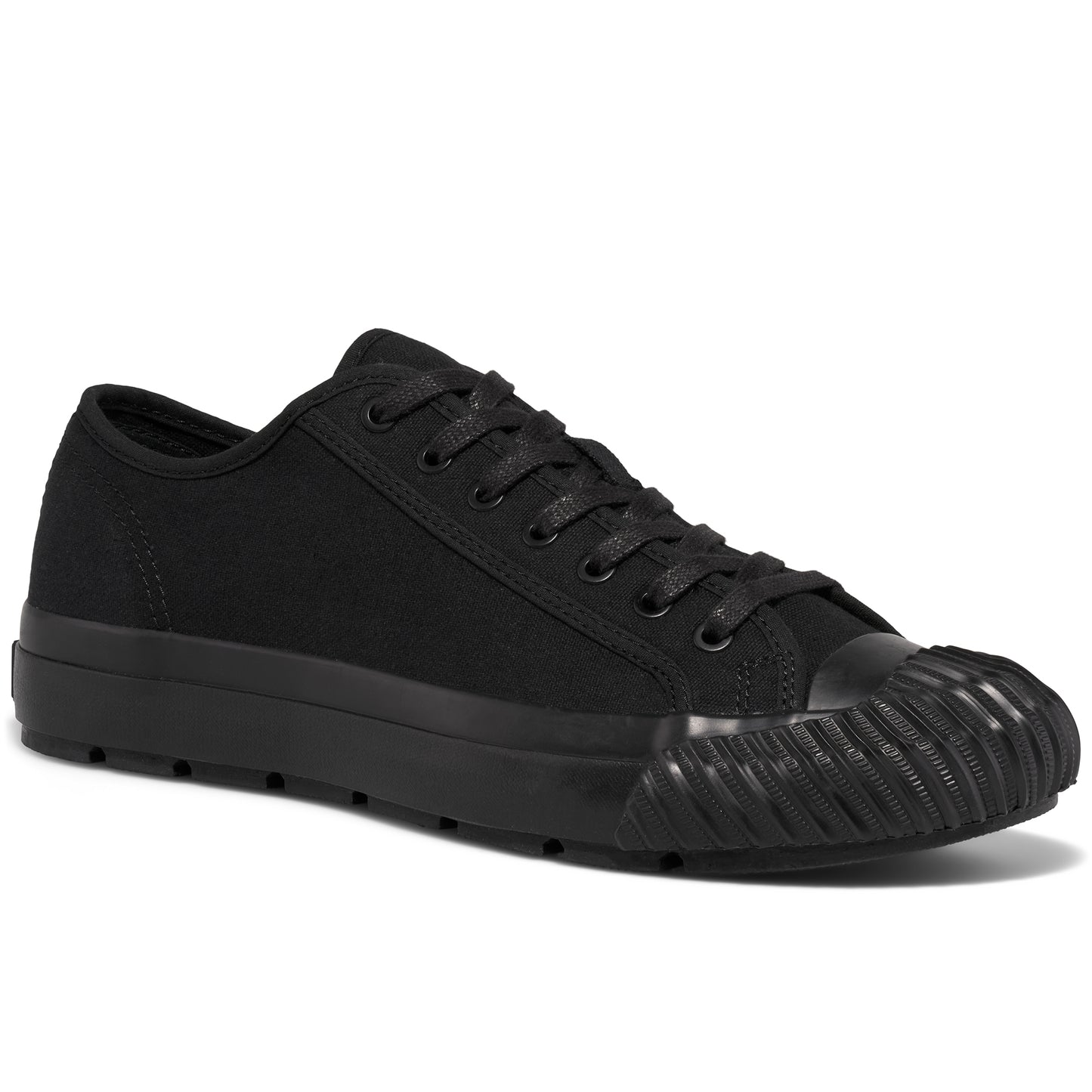 Black low-top sneaker on a white background.
