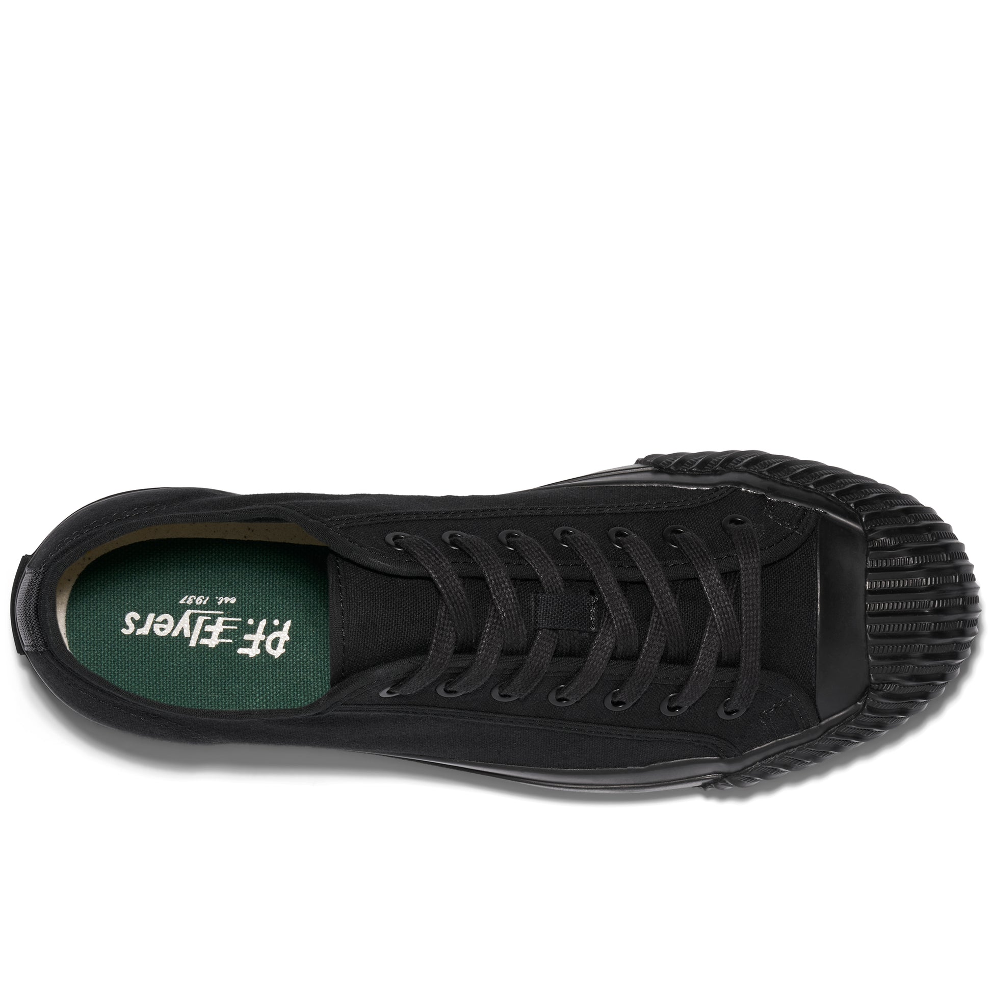 Overhead view of a black low-top sneaker on a white background.
