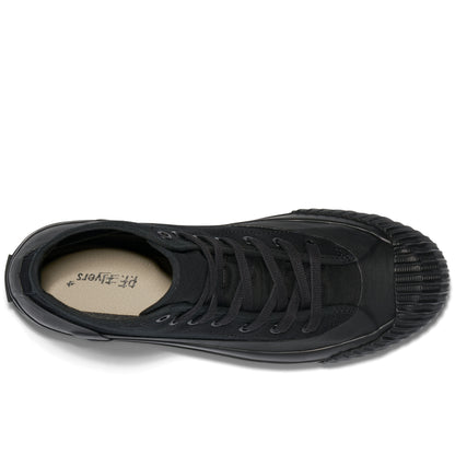 Top-down view of a black high-top sneaker on a white background.