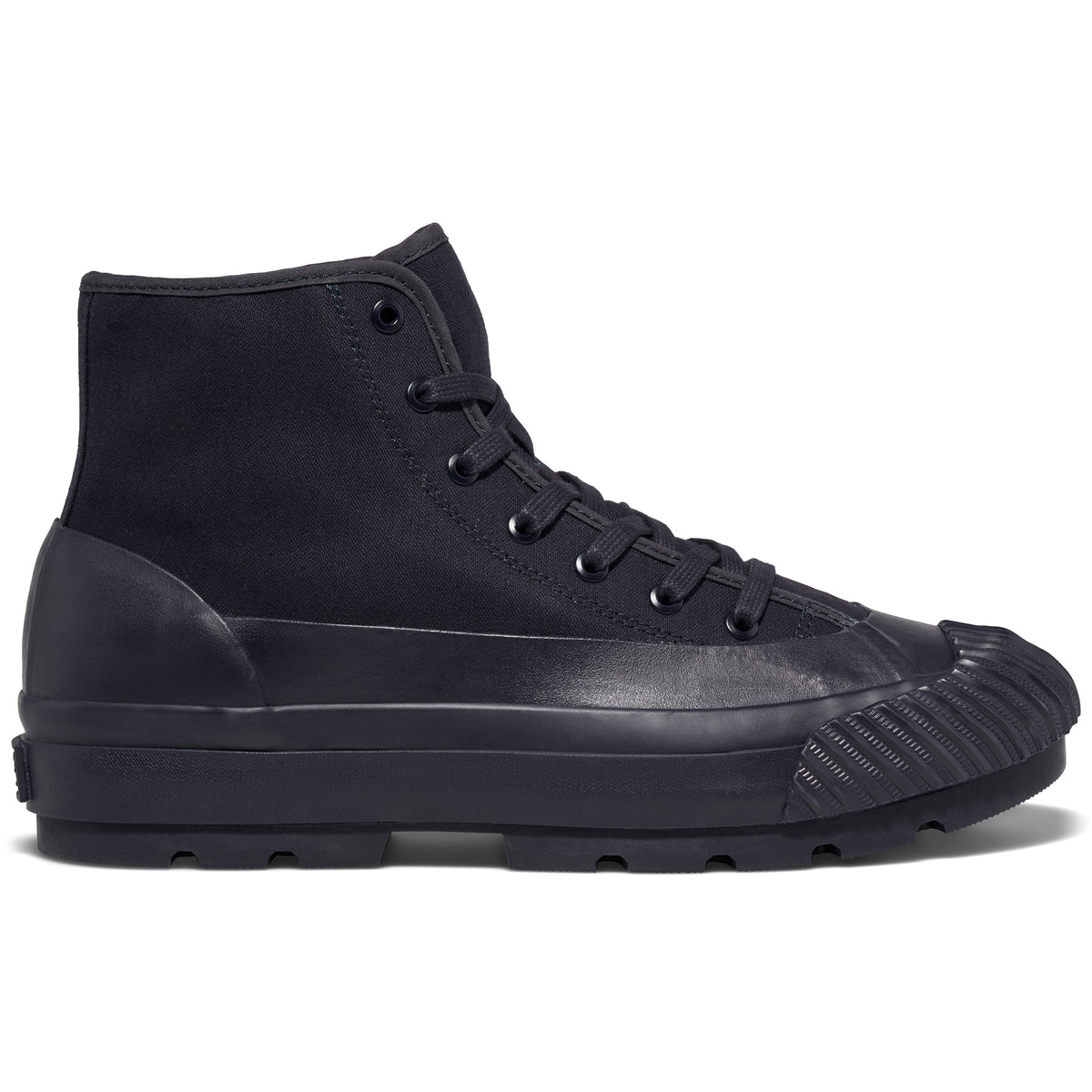 A navy high-top sneaker with a lugged rubber outsole shown on a white background.