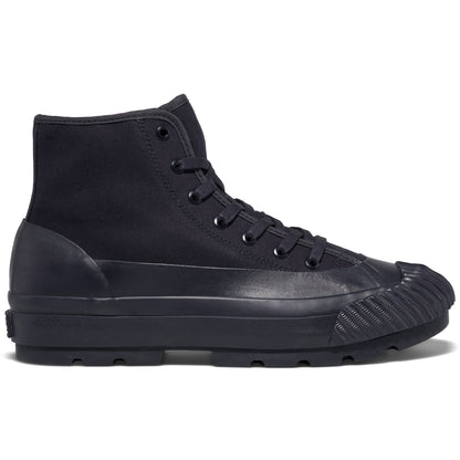 A navy high-top sneaker with a lugged rubber outsole shown on a white background.