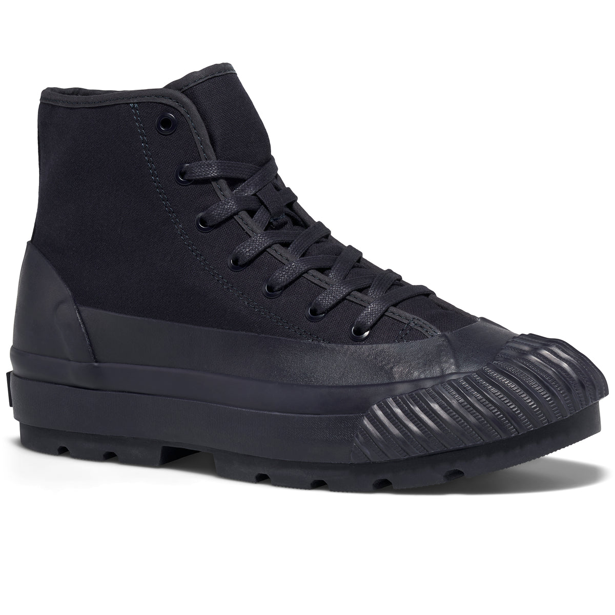 A navy high-top sneaker with a lugged rubber outsole shown on a white background.
