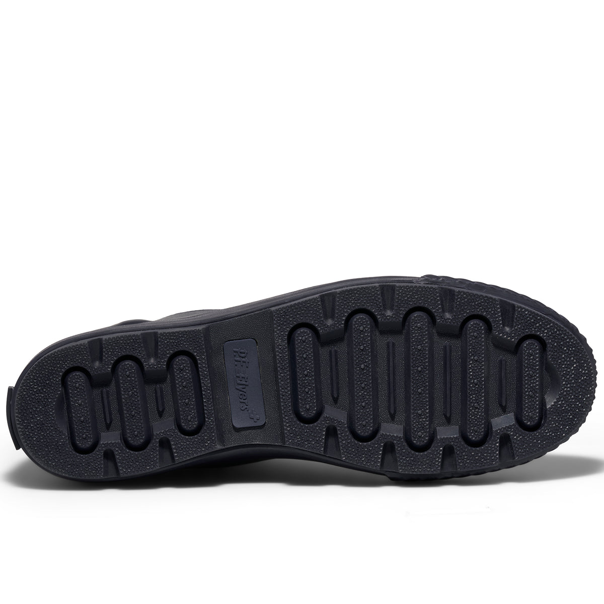 View of a shoe's navy rubber outsole set against a plain white background.