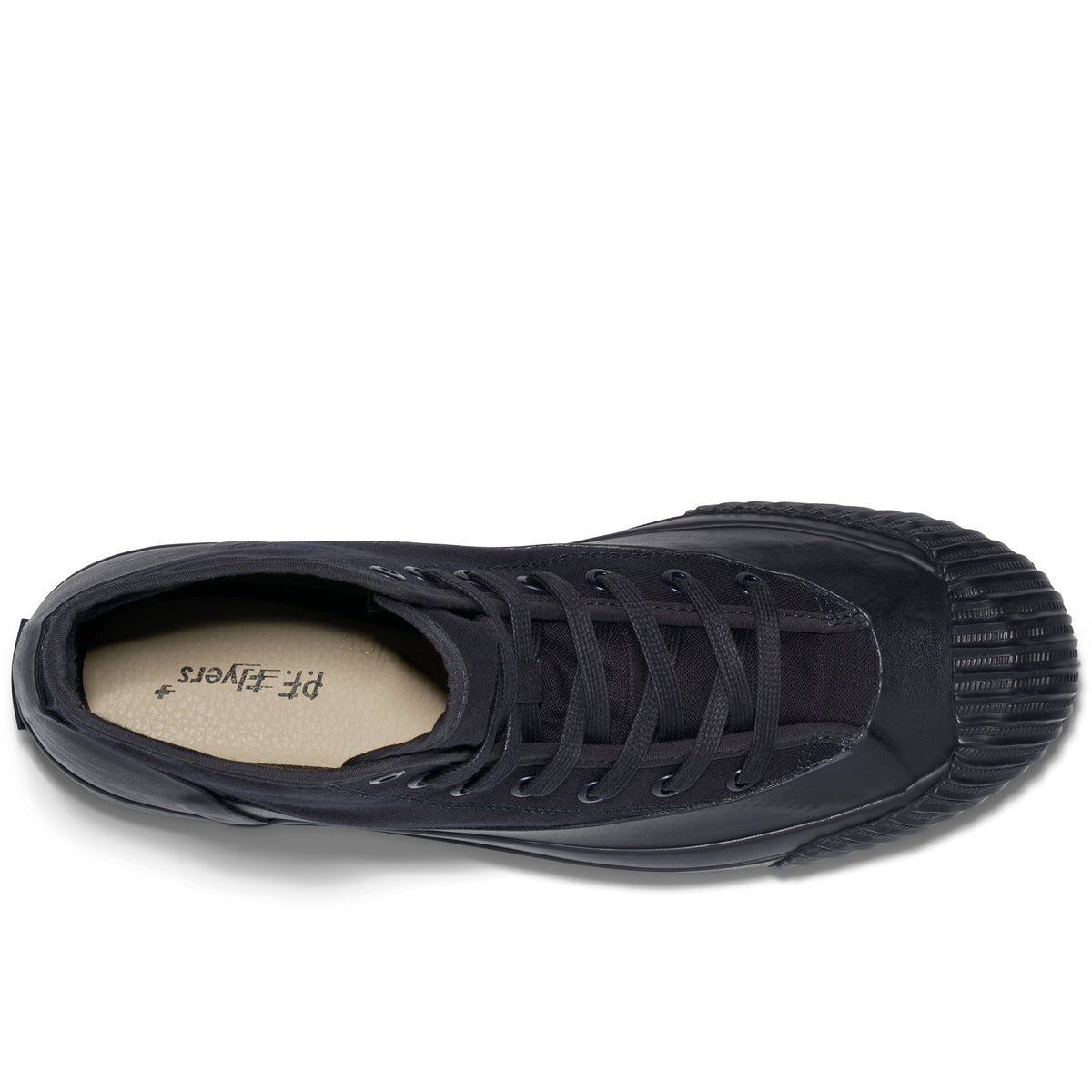 Top-down view of a navy high-top sneaker on a white background.
