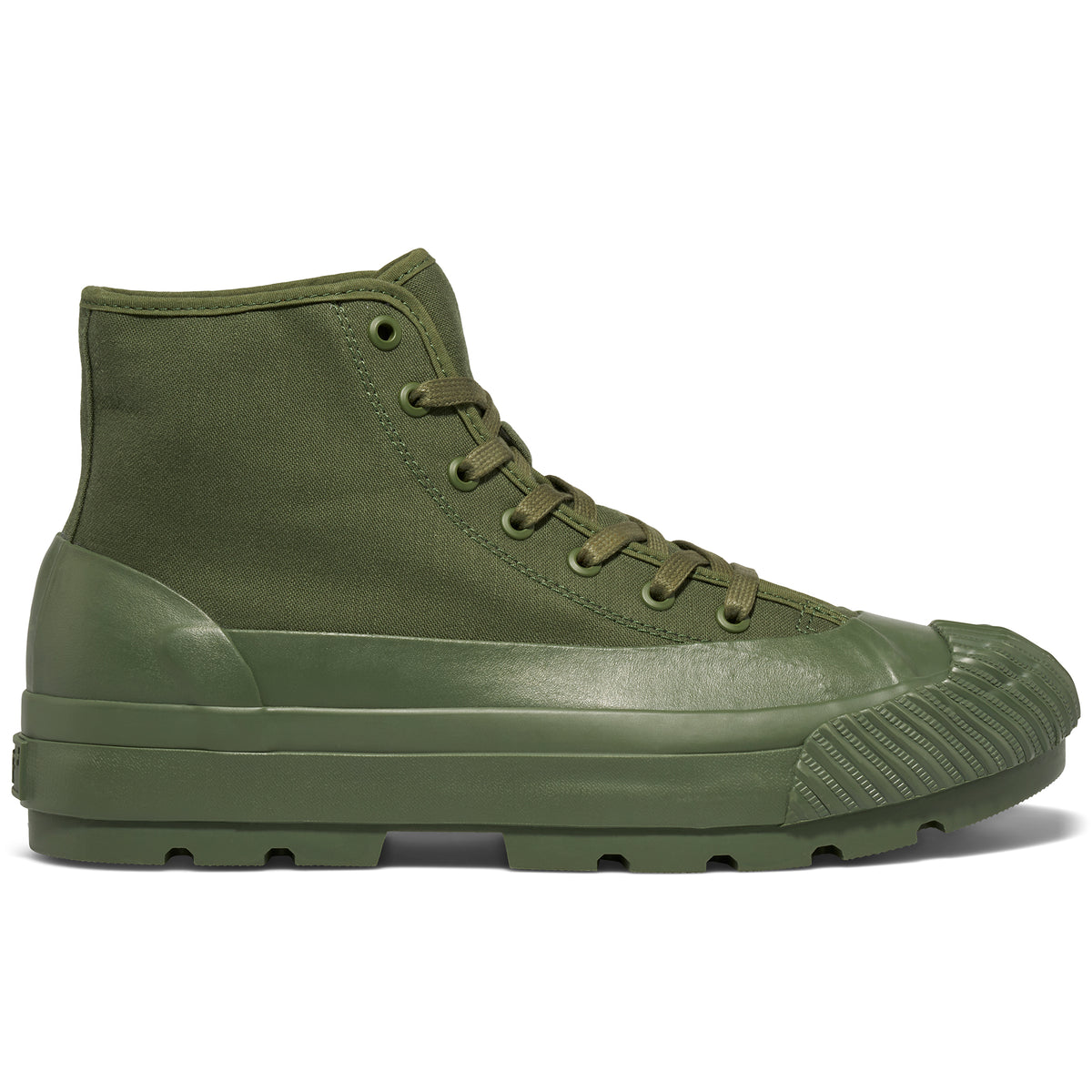 An olive green high-top sneaker with a lugged rubber outsole shown on a white background.