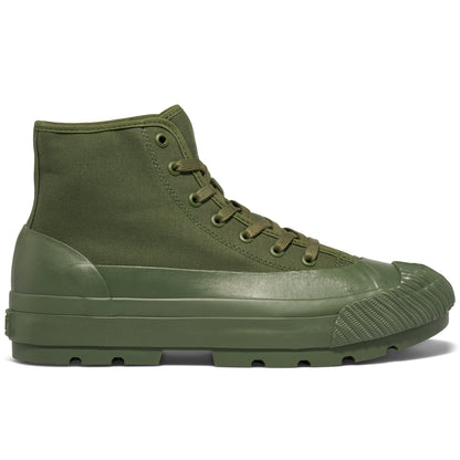 An olive green high-top sneaker with a lugged rubber outsole shown on a white background.