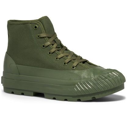 An olive green high-top sneaker with a lugged rubber outsole shown on a white background.