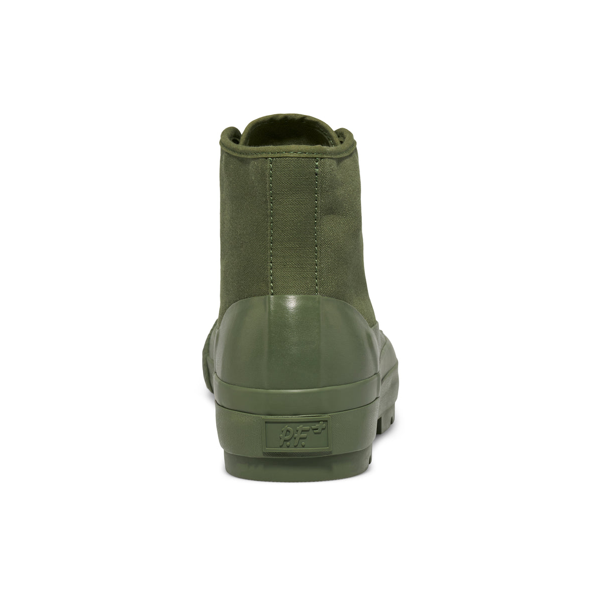 An olive green high-top sneaker with a lugged rubber outsole shown on a white background.