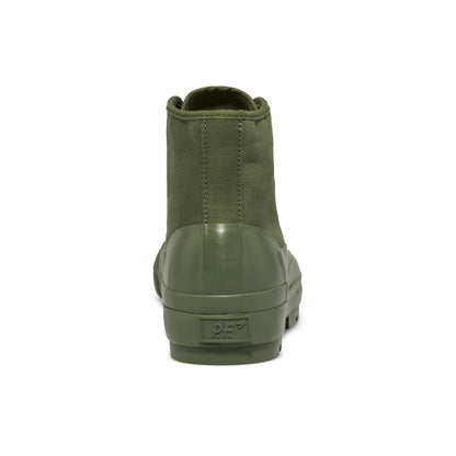 An olive green high-top sneaker with a lugged rubber outsole shown on a white background.