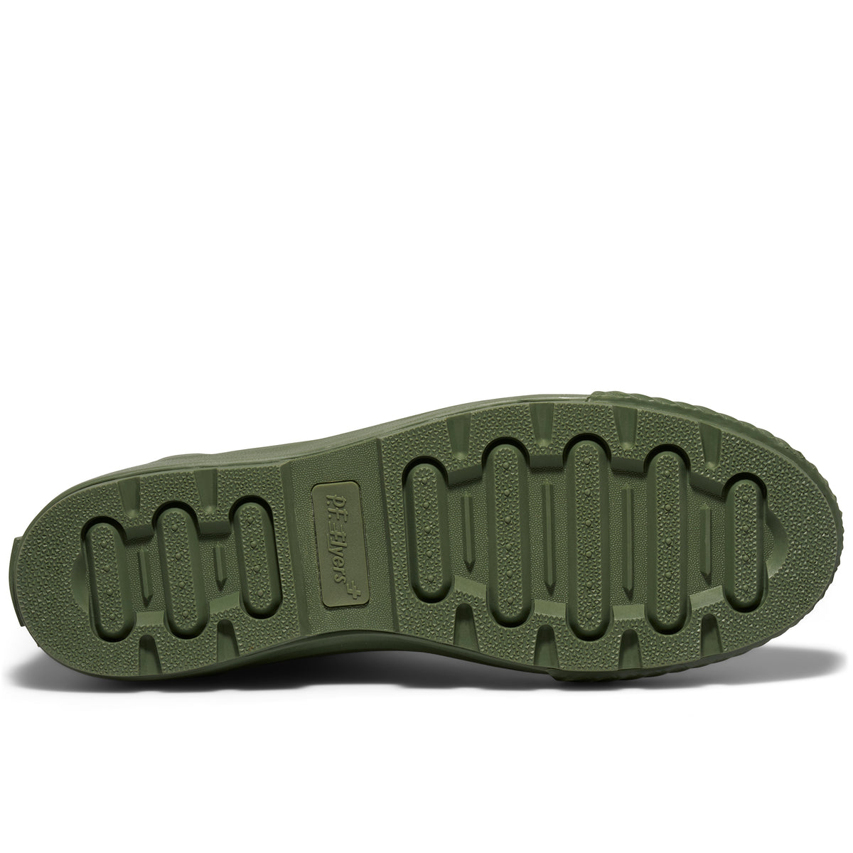 View of a shoe's olive green rubber outsole set against a plain white background.