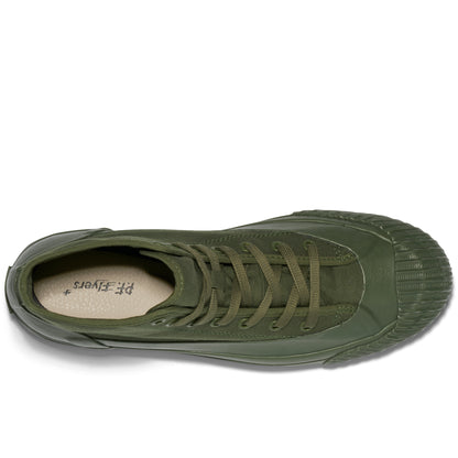 Top-down view of an olive green high-top sneaker on a white background.