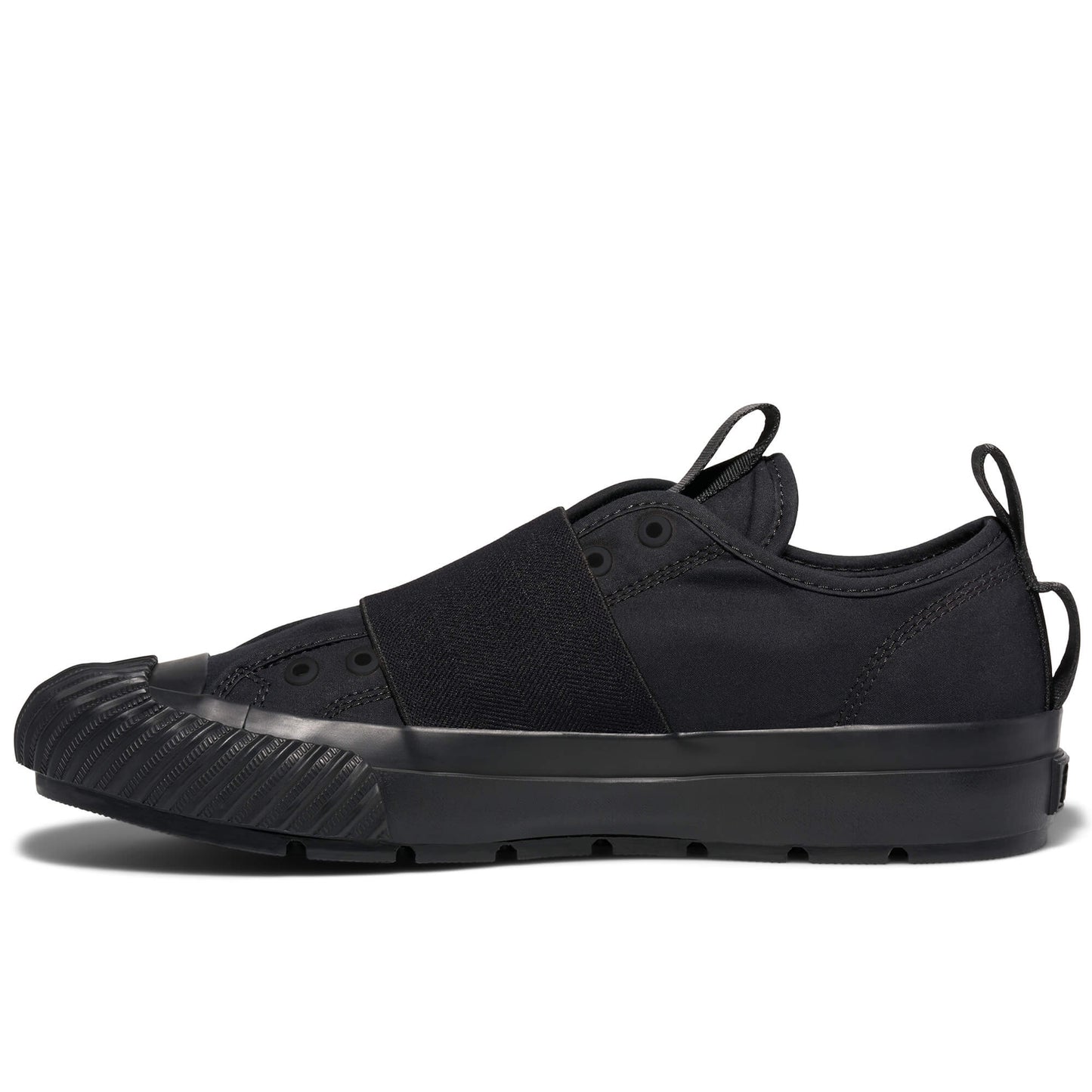 Black sneaker with a thick sole on a white background
