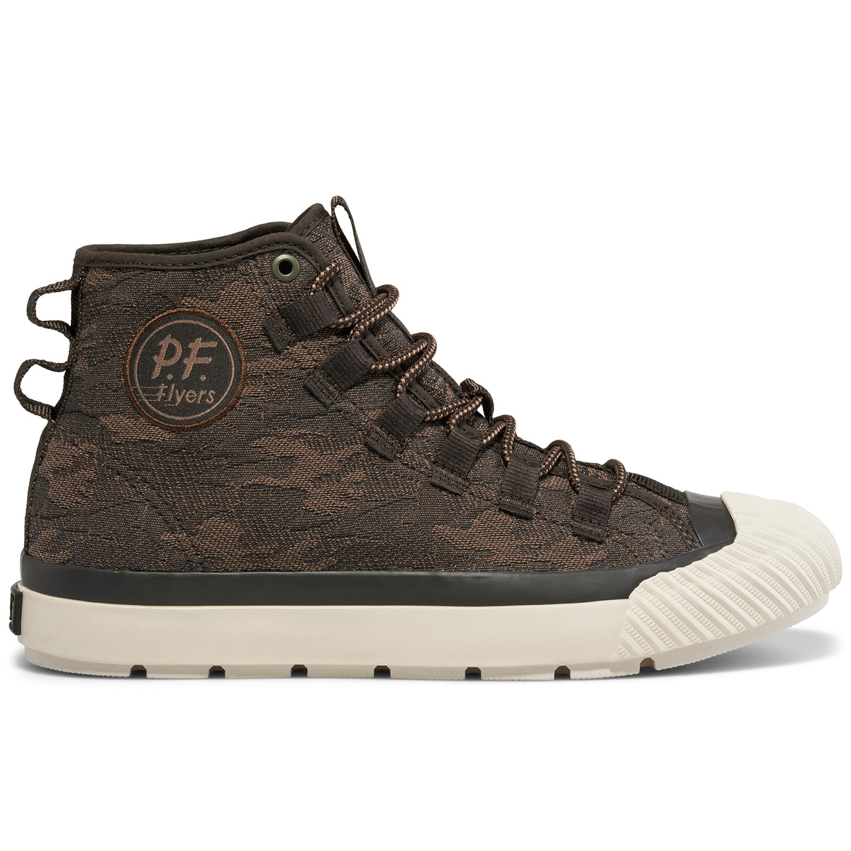 A brown camo-patterned high-top sneaker shown on a white background.