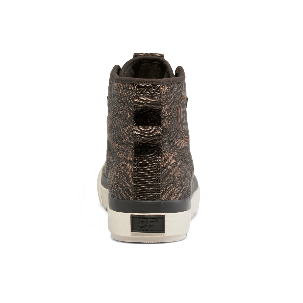 A brown camo-patterned high-top sneaker shown on a white background.