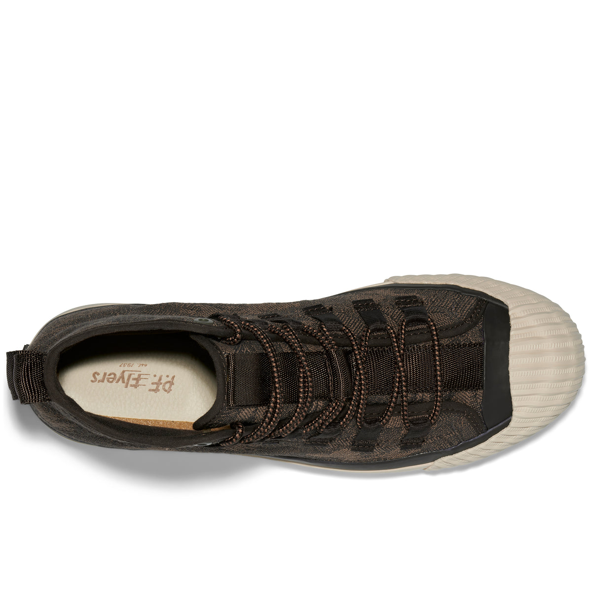 Top-down view of a brown camo-patterned high-top sneaker on a white background.