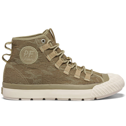 A tan camo-patterned high-top sneaker shown on a white background.