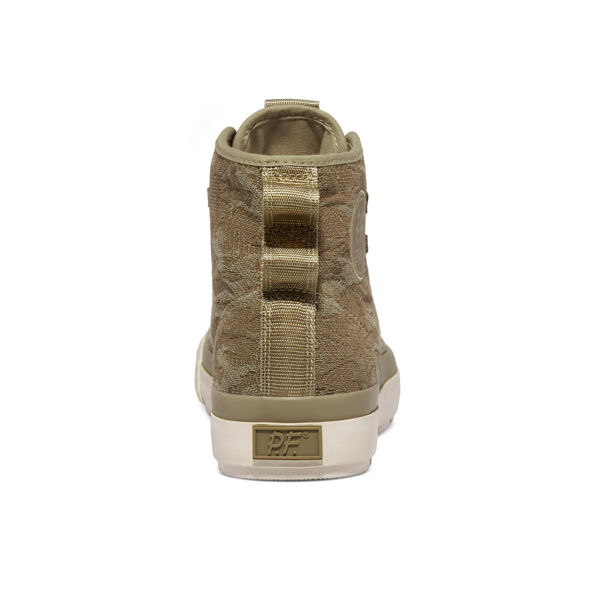 A tan camo-patterned high-top sneaker shown on a white background.