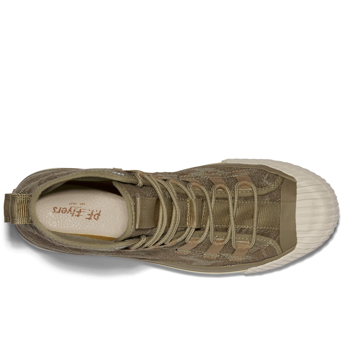 Top-down view of a tan camo-patterned high-top sneaker on a white background.