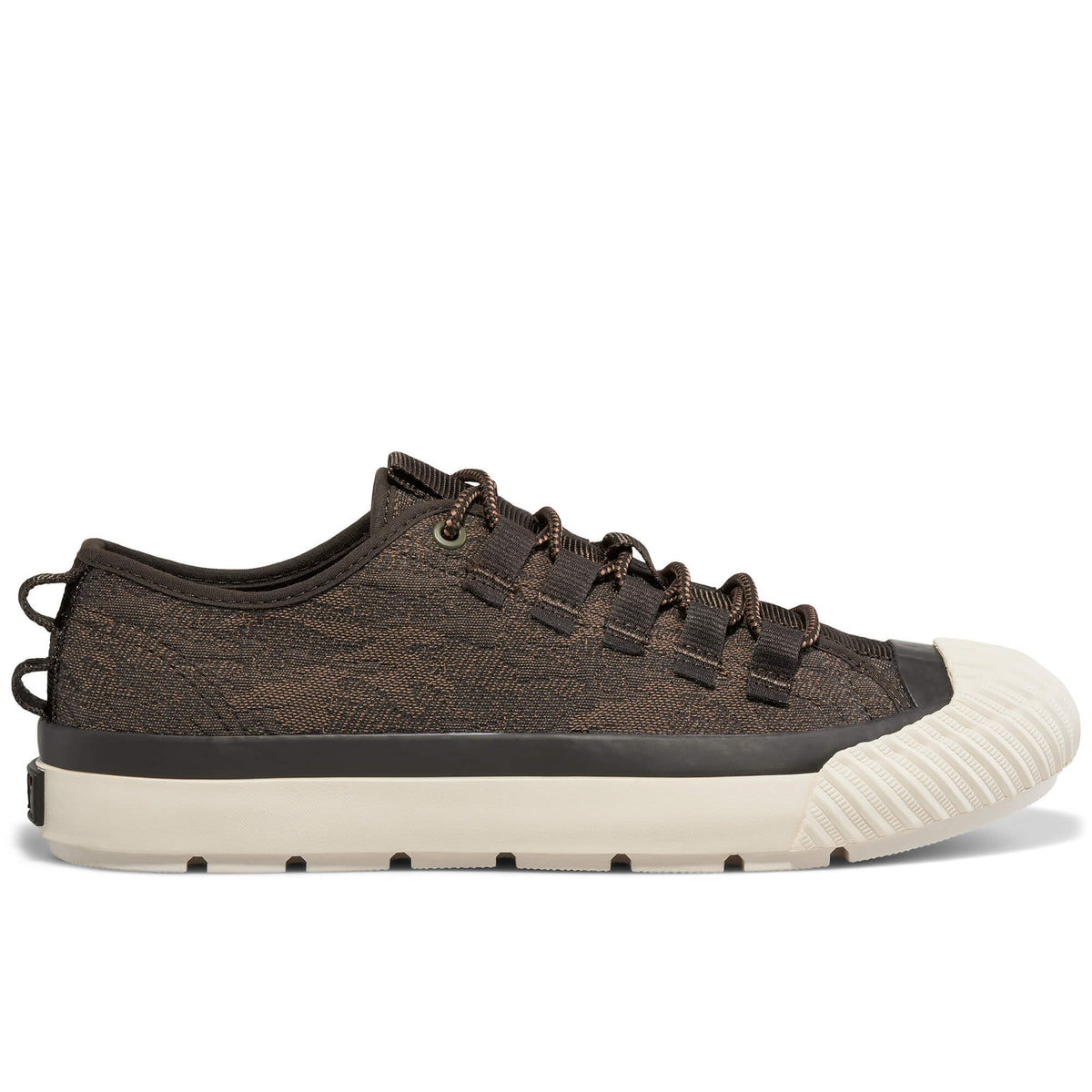 A brown camo-patterned low-top sneaker shown on a white background.