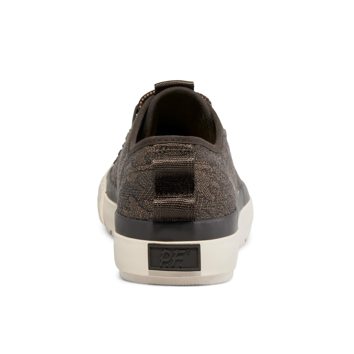 A brown camo-patterned low-top sneaker shown on a white background.