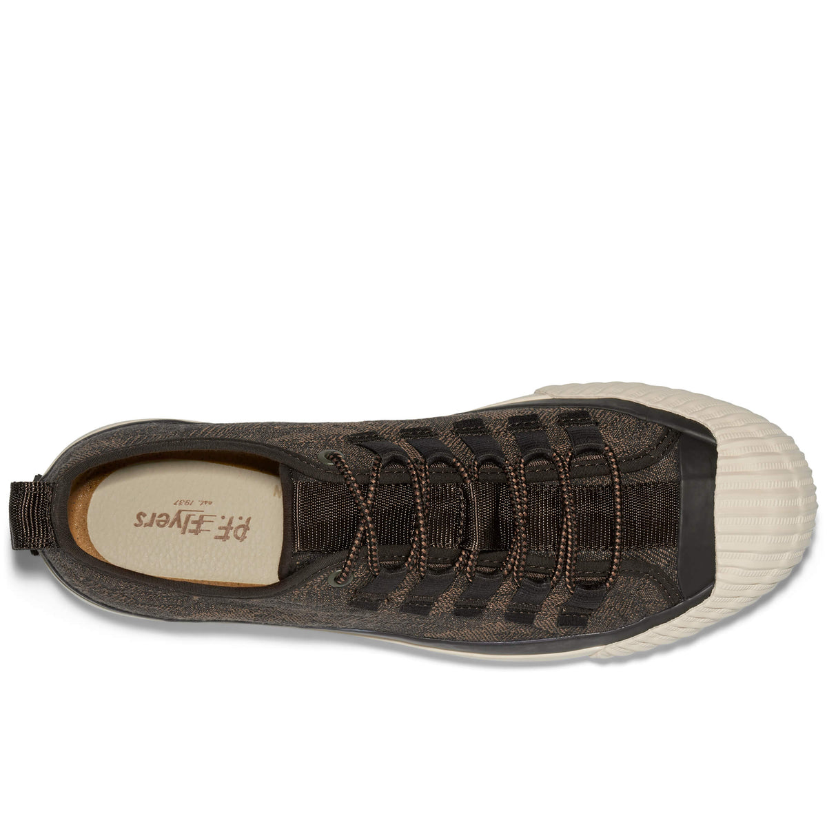 A brown camo-patterned low-top sneaker shown on a white background.