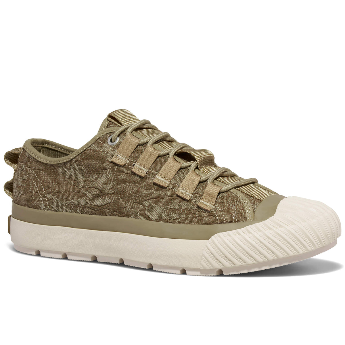 A tan camo-patterned low-top sneaker shown on a white background.