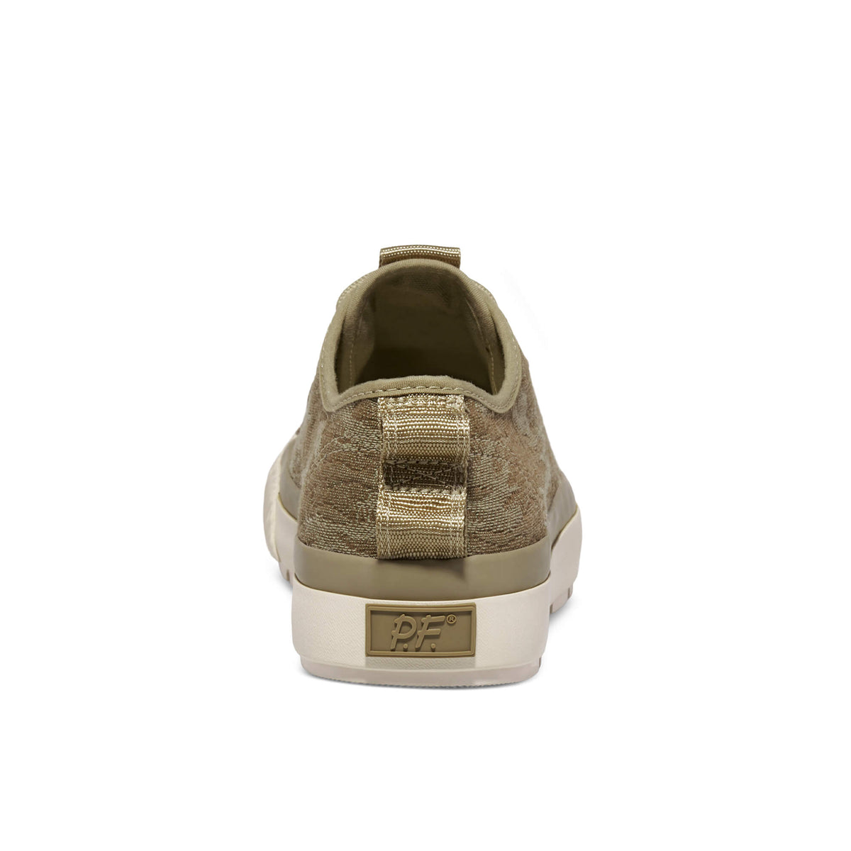A tan camo-patterned low-top sneaker shown on a white background.