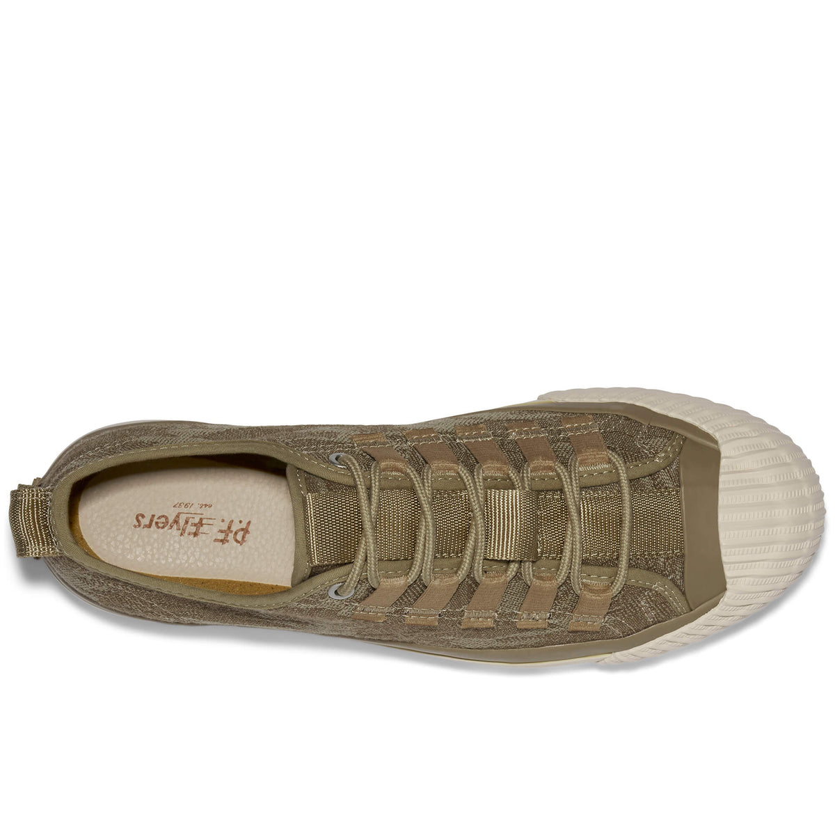 Top-down view of a tan camo-patterned low-top sneaker on a white background.