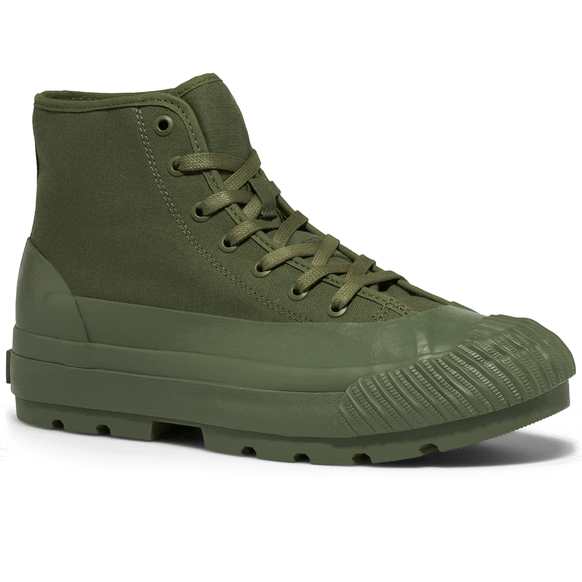 Rotating gif showing different angles of an olive green high-top sneaker with a lugged rubber outsole.