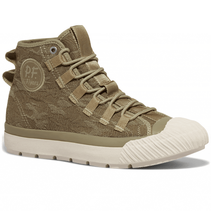 Rotating gif showing different angles of a tan camo-patterned high-top sneaker.