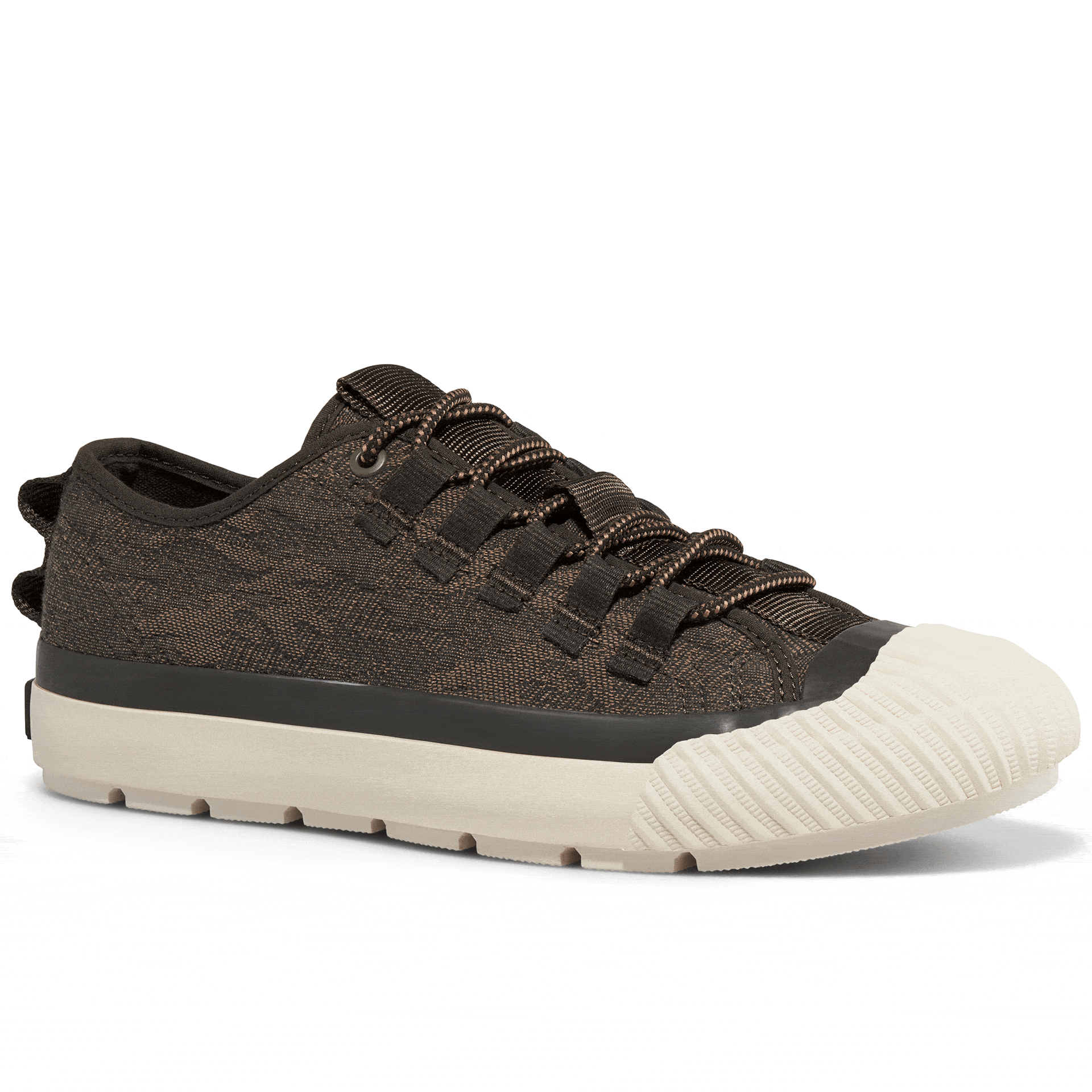 Rotating gif showing different angles of a brown camo-patterned low-top sneaker.