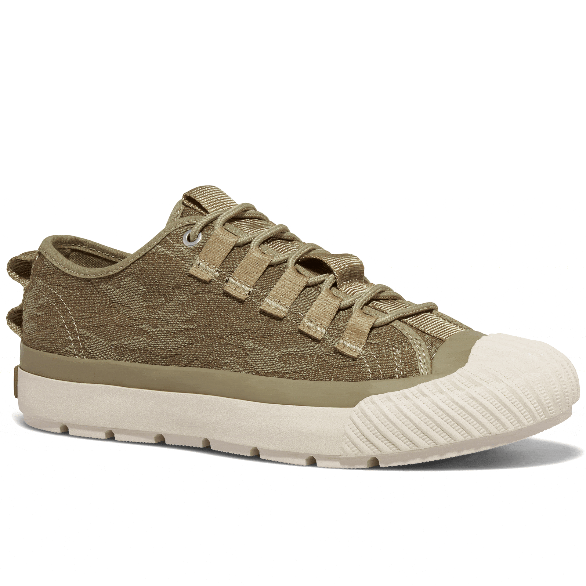 Rotating gif showing different angles of a tan camo-patterned low-top sneaker.